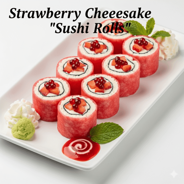 Strawberry cheesecake sushi rolls with creamy filling and cookie crumbs sliced on a dessert platter