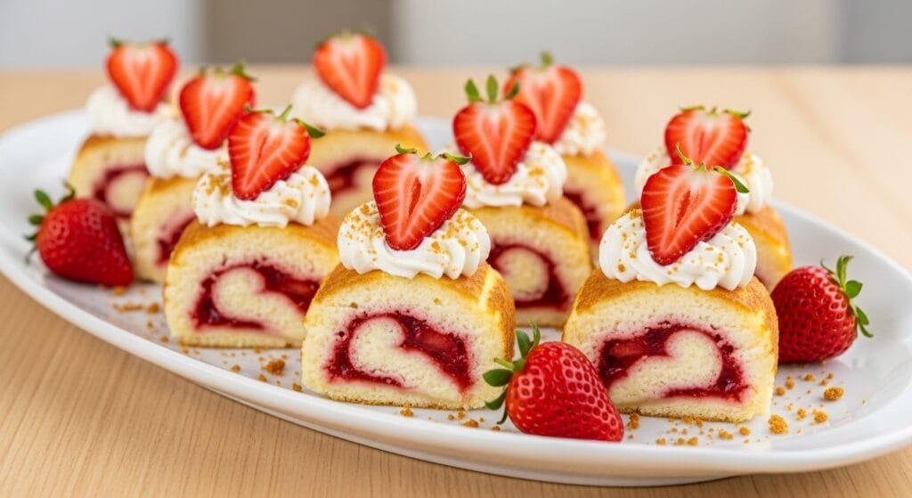 Strawberry shortcake cheesecake rolls sliced into bite-size pieces with creamy filling, fresh strawberries, and cookie crumbs on a dessert platter