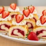 Strawberry Shortcake Cheesecake Rolls (No-Bake Cheesecake Sushi Dessert) Strawberry shortcake cheesecake rolls sliced into bite-size pieces with creamy filling, fresh strawberries, and cookie crumbs on a dessert platter