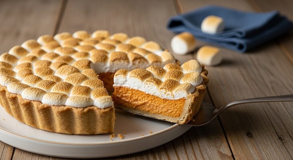 Sweet potato pie with toasted marshmallow topping baked in a flaky crust and sliced for serving