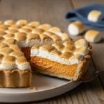 Sweet potato pie with toasted marshmallow topping baked in a flaky crust and sliced for serving