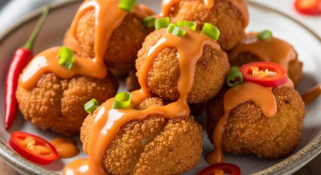 Crispy vegan bang bang cauliflower wings coated in creamy sweet chili sauce