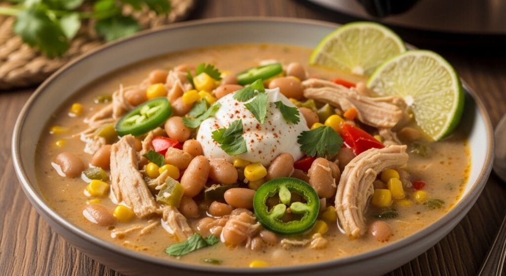 Slow cooker white chicken chili with tender chicken, beans, and creamy broth in a bowl