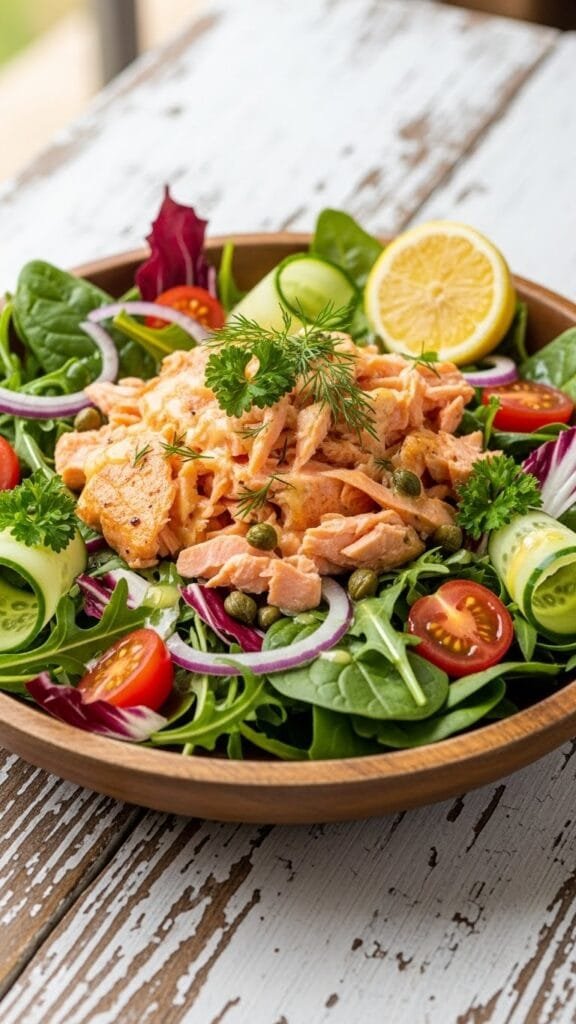 Ingredients for 5-ingredient salmon salad including cooked salmon, celery, lemon, and mayonnaise