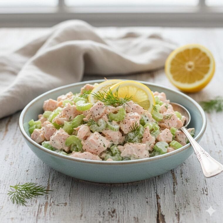 5-ingredient salmon salad made with flaky canned salmon, celery, lemon, and creamy dressing