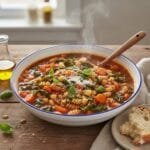 Bowl of Italian minestrone soup with fresh vegetables and herbs