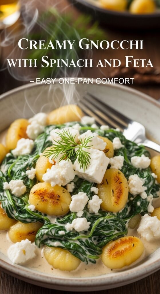 Creamy gnocchi cooked in one pan with spinach, tomatoes, crumbled feta, and toasted pine nuts, served as a quick and comforting dinner.