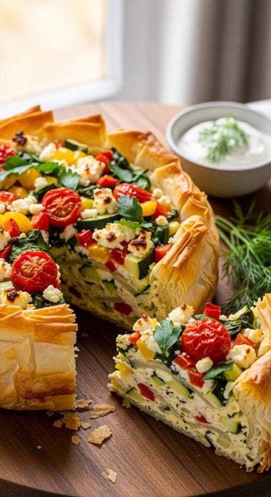 Golden vegetable phyllo breakfast bake with crispy layers in a skillet