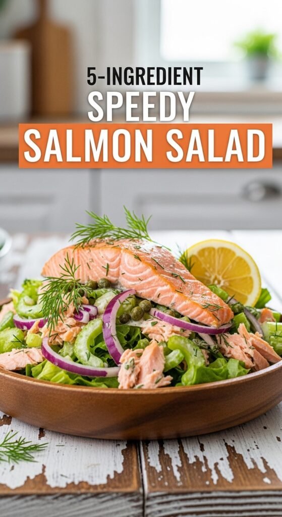 Salmon salad served on whole-grain toast with fresh greens for a quick lunch