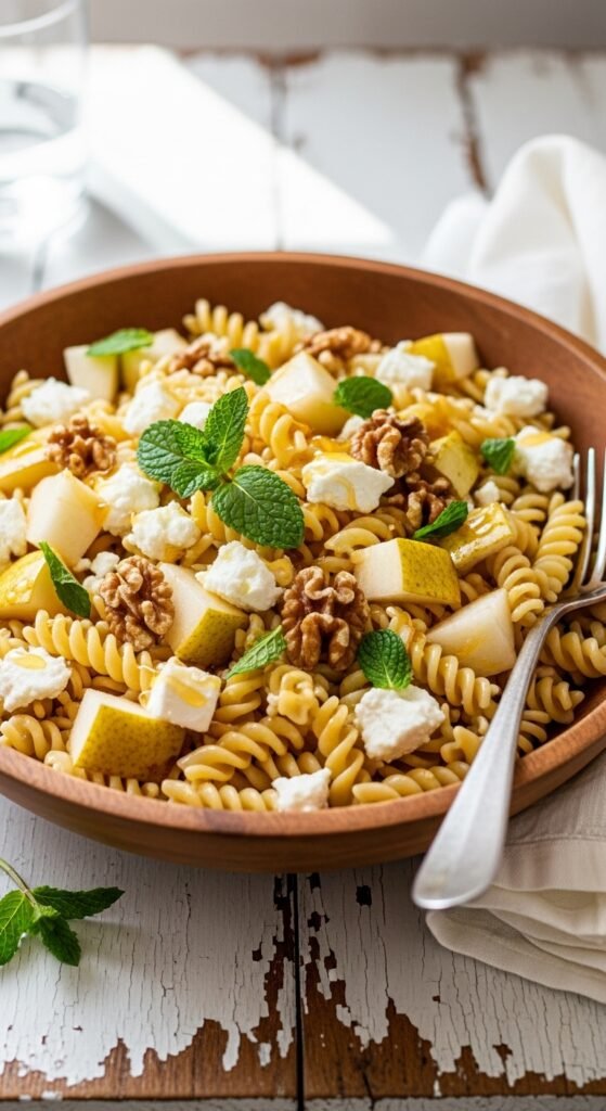 Serving bowl of pear pasta salad garnished with arugula and mozzarella ready for potluck