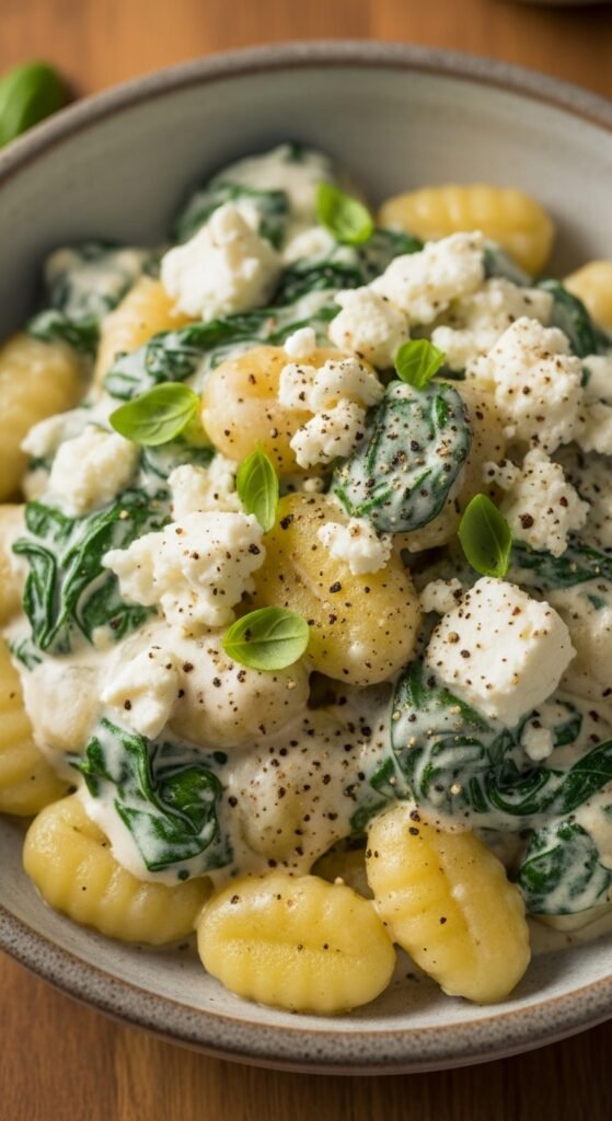 A skillet filled with creamy gnocchi, wilted spinach, tomatoes, feta, and toasted pine nuts, served as a cozy one-pan dinner.