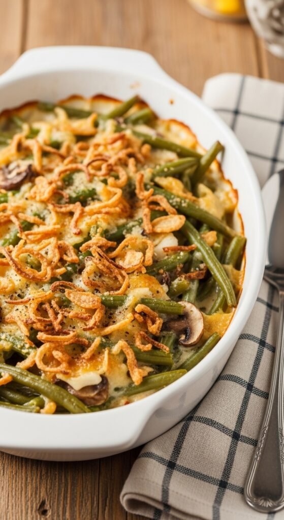 Holiday green bean casserole made from scratch served warm with crispy onions and creamy mushroom gravy