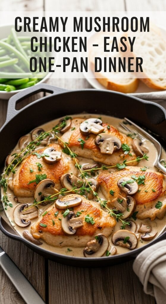 Creamy mushroom chicken served with pasta in a skillet for family dinner