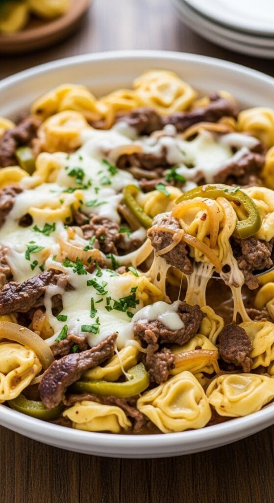 Creamy slow cooker cheesesteak tortellini served in a bowl with peppers and cheese