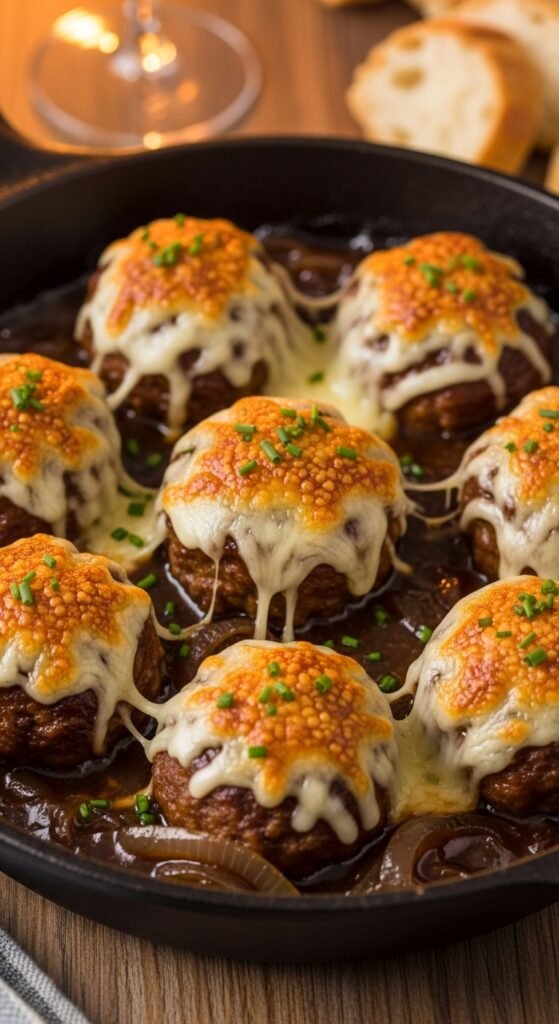 French onion meatballs served hot with bread for dinner