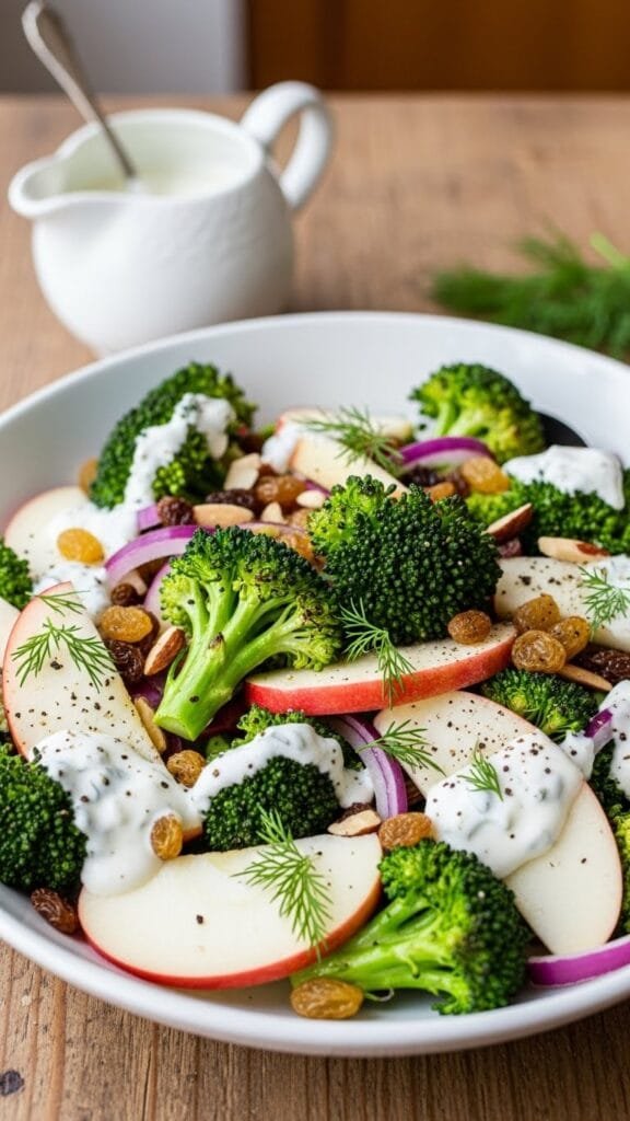 Honeycrisp apple and broccoli salad with creamy yogurt dressing in a bowl