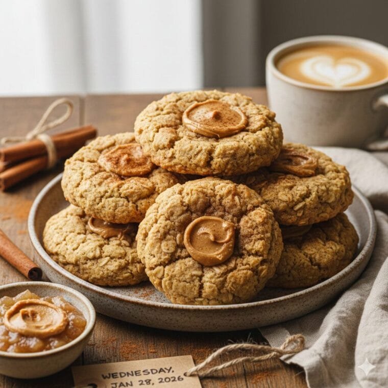 Soft and chewy applesauce oatmeal cookies made with oats, peanut butter, and cinnamon on a plate