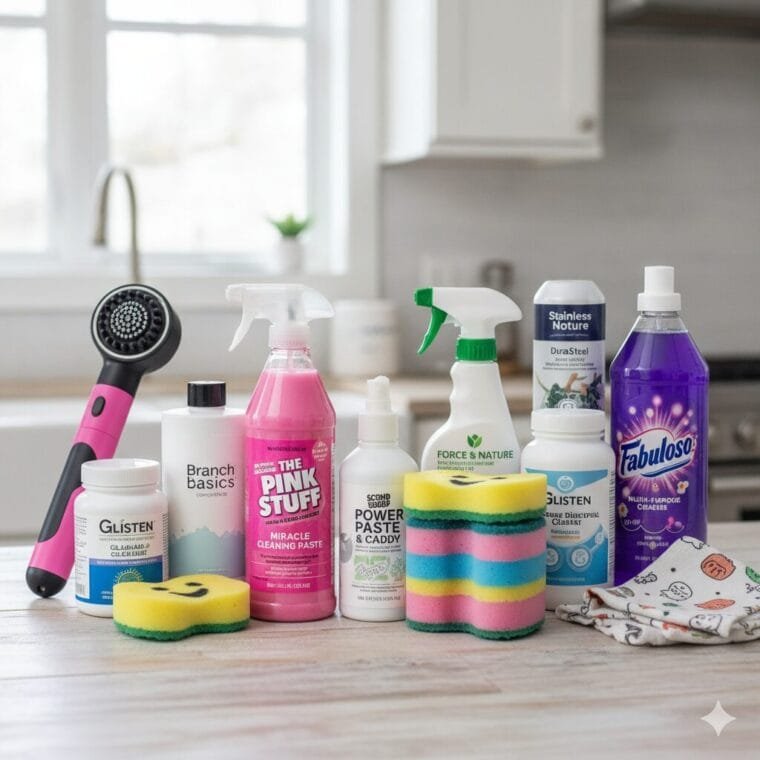 A collection of must-have home cleaning products that actually work, including sprays, wipes, tools, and eco-friendly essentials arranged neatly in a modern home setting