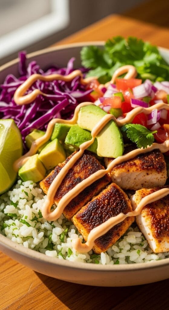 Colorful blackened fish taco bowl with seasoned fish, rice, and fresh toppings