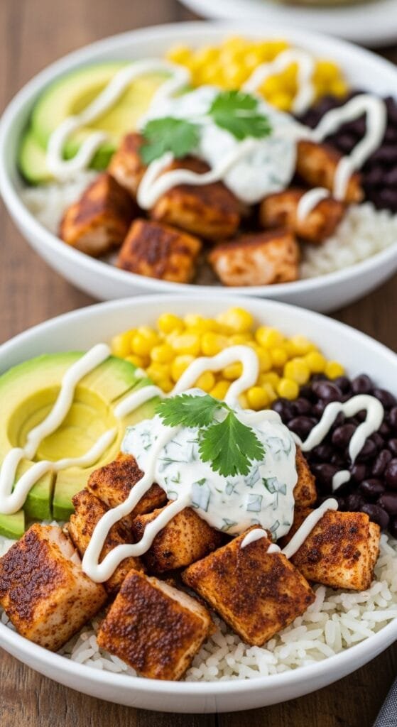 Blackened fish taco bowls with rice, avocado, corn, black beans, and creamy lime sauce