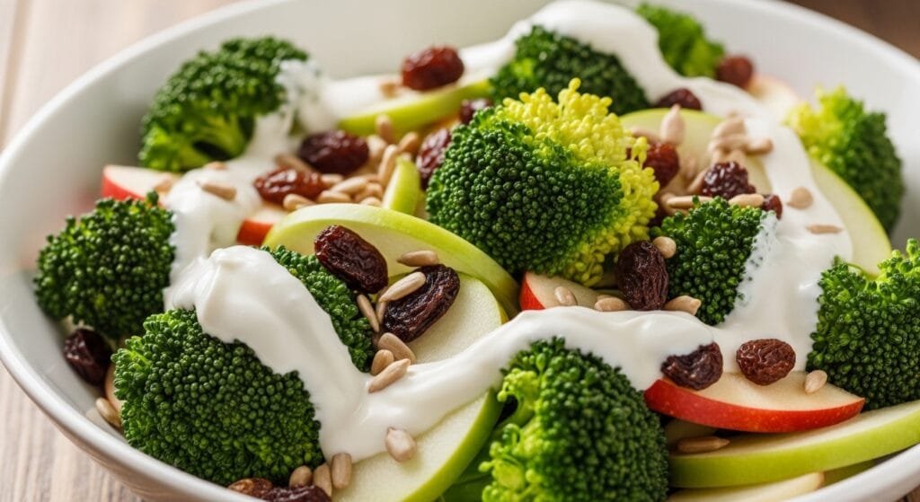 Close up of broccoli apple salad with raisins sunflower seeds and yogurt dressing