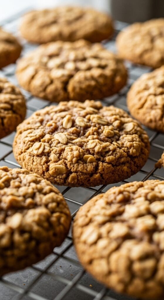 Homemade brown butter oatmeal cookies cooling with golden edges and chewy centers
