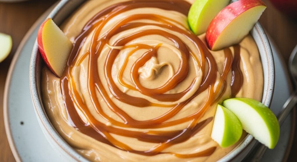 Close up of creamy caramel apple dip topped with caramel drizzle