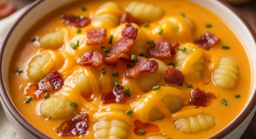 Close-up of gnocchi in creamy cheddar soup with melted cheese and bacon