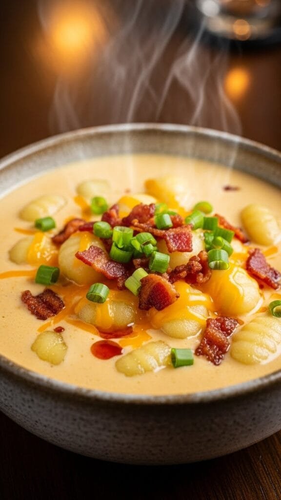 Creamy cheddar gnocchi soup with crispy bacon in a bowl