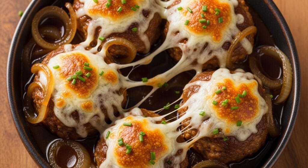 Cheesy French onion meatballs in caramelized onion gravy topped with melted cheese