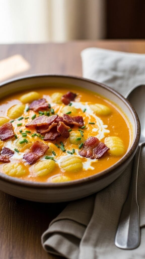Bowl of creamy cheddar gnocchi soup served hot for a cozy dinner