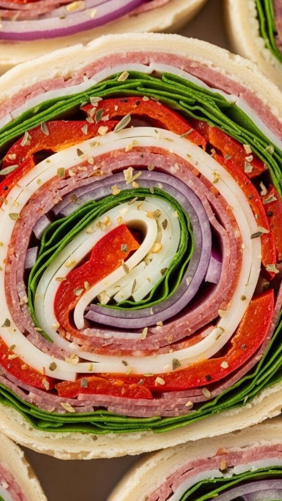 Close-up of a single Italian sandwich pinwheel showing layered meats, cheese, and colorful vegetables