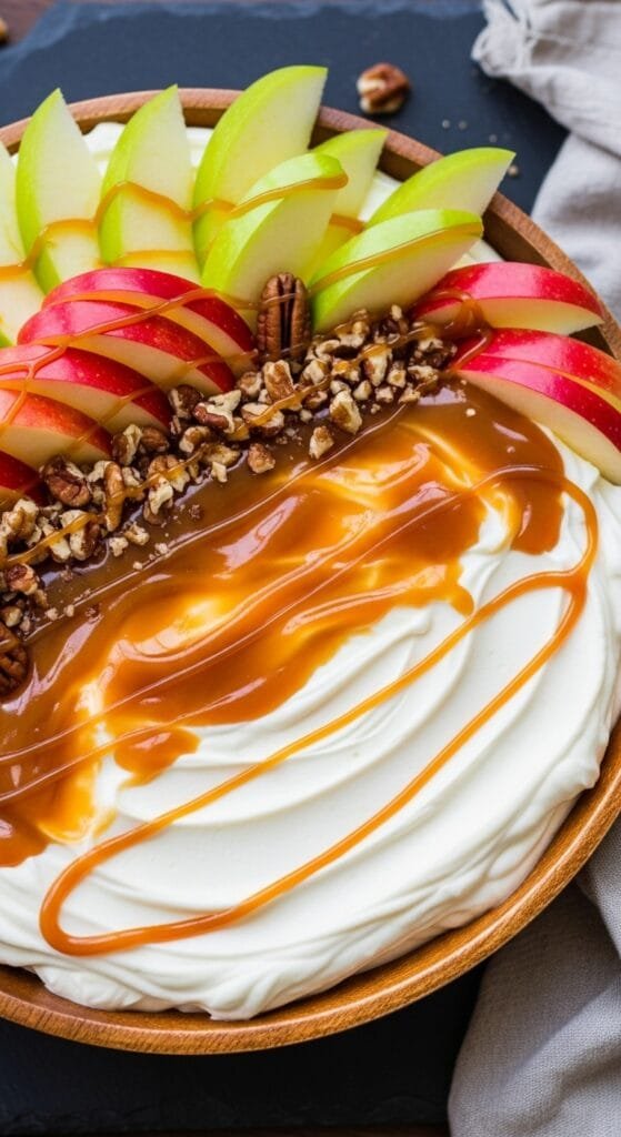 A creamy caramel apple dip made with smooth cream cheese and fresh apple slices arranged for serving