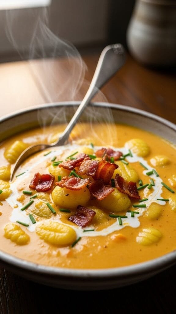 Close up of gnocchi in creamy cheddar soup with melted cheese and bacon