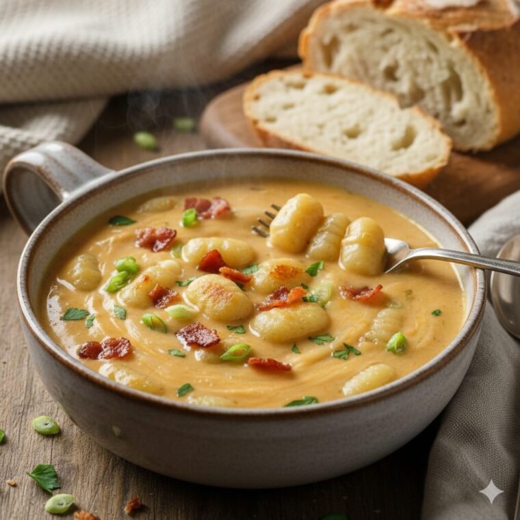Creamy cheddar gnocchi soup with bacon, carrots, onions, and herbs in a white bowl.