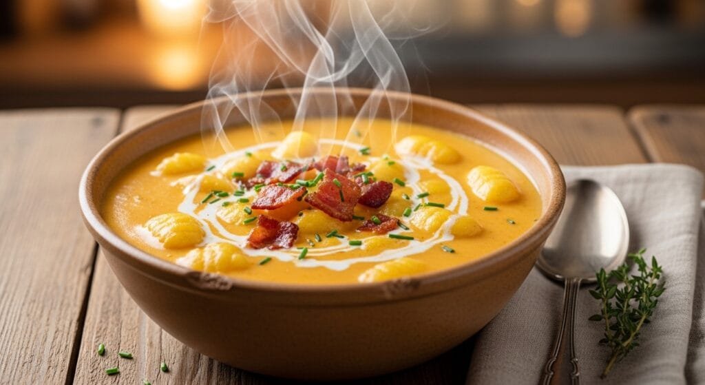 Creamy cheddar gnocchi soup with crispy bacon served hot in bowl