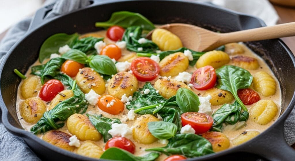 Creamy gnocchi with spinach tomatoes and feta in skillet