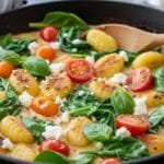 Creamy Gnocchi with Spinach and Feta — One-Pan, Rich & Comforting Weeknight Dinner Creamy gnocchi with spinach tomatoes and feta in skillet