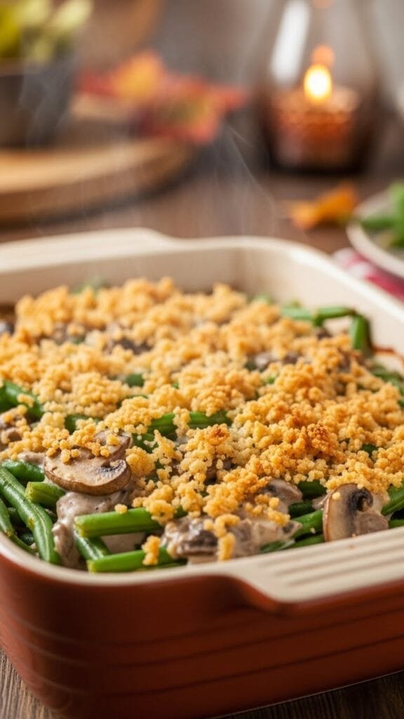 Serving of homemade green bean casserole with crisp-tender green beans and creamy sauce topped with crunchy baked onions