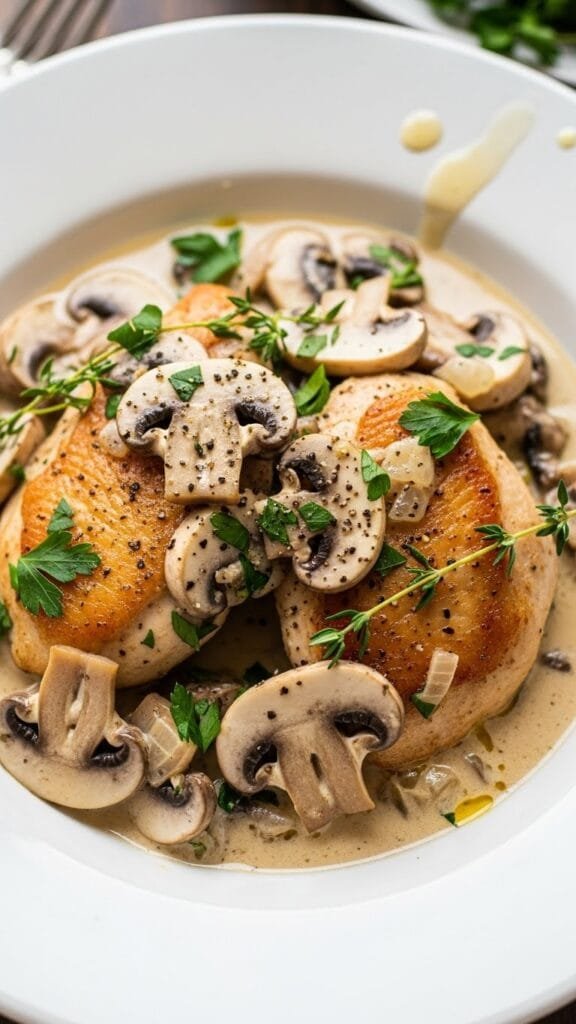 Close-up of creamy mushroom chicken with spinach and Parmesan in a rich sauce