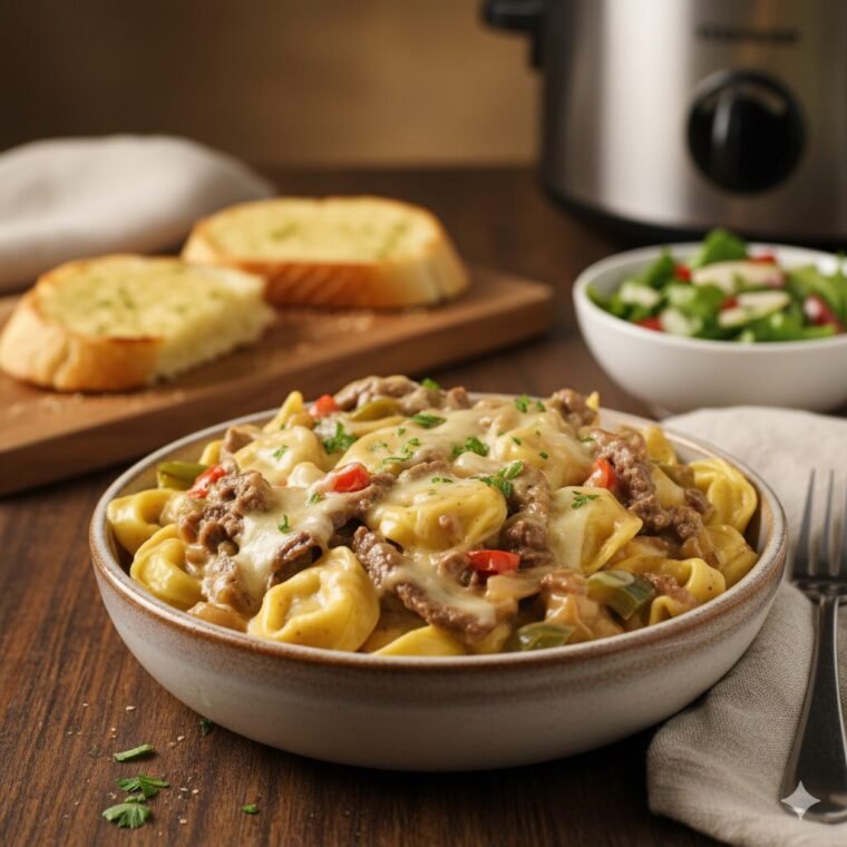 Slow cooker tortellini pasta with provolone, mozzarella, and peppers