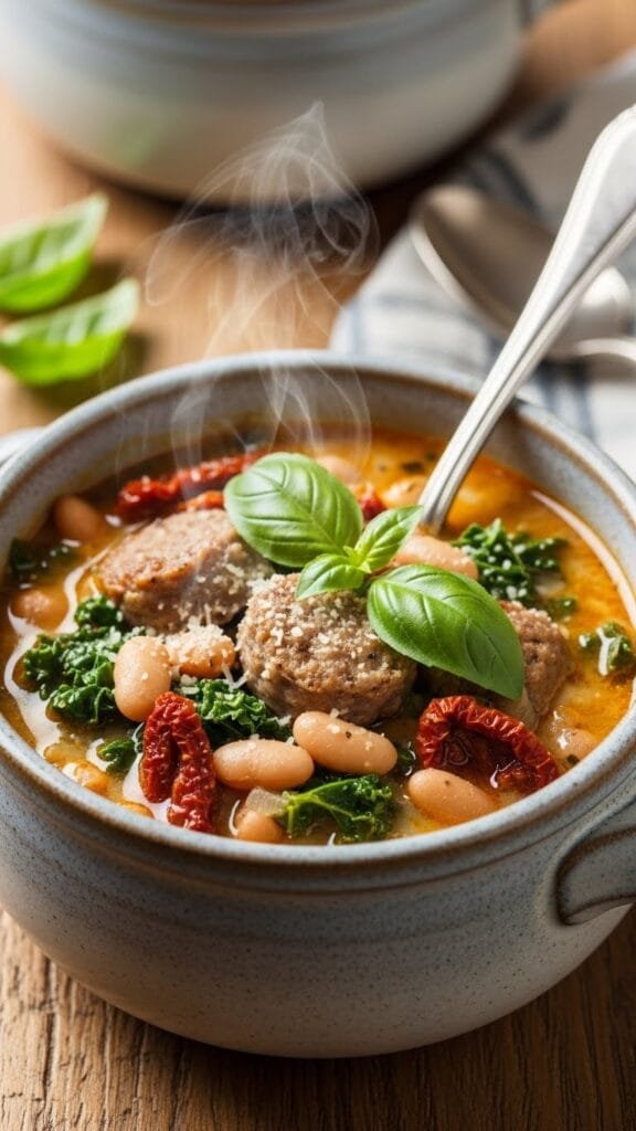 Slow cooker Zuppa Toscana soup with Italian sausage, potatoes, kale, and creamy broth in a bowl