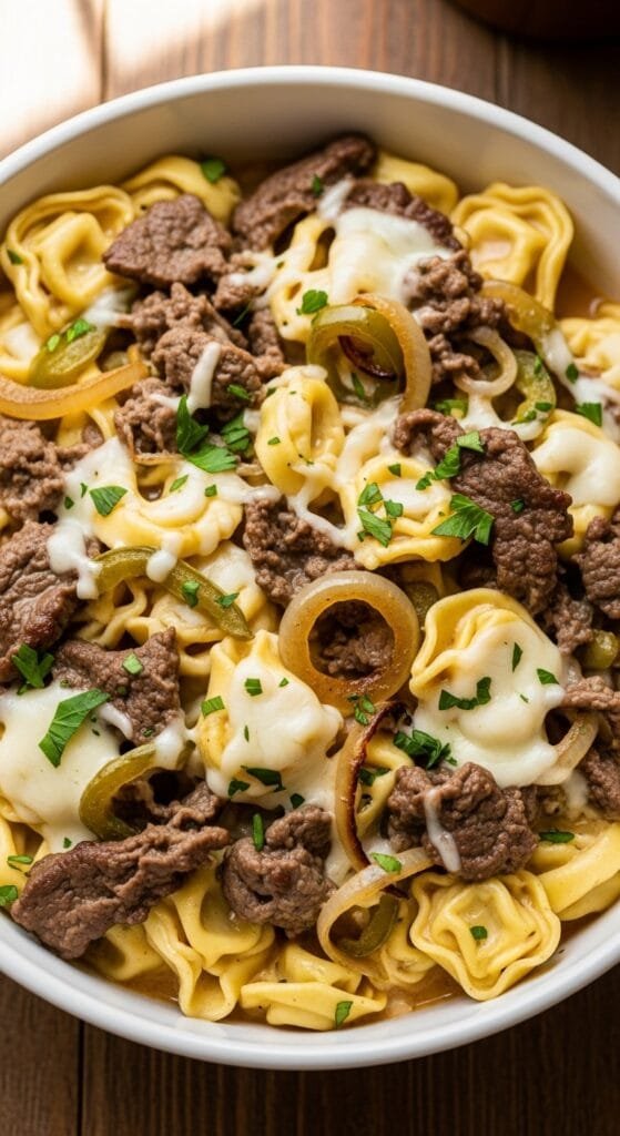 Close-up creamy tortellini with ground beef, onions, and peppers