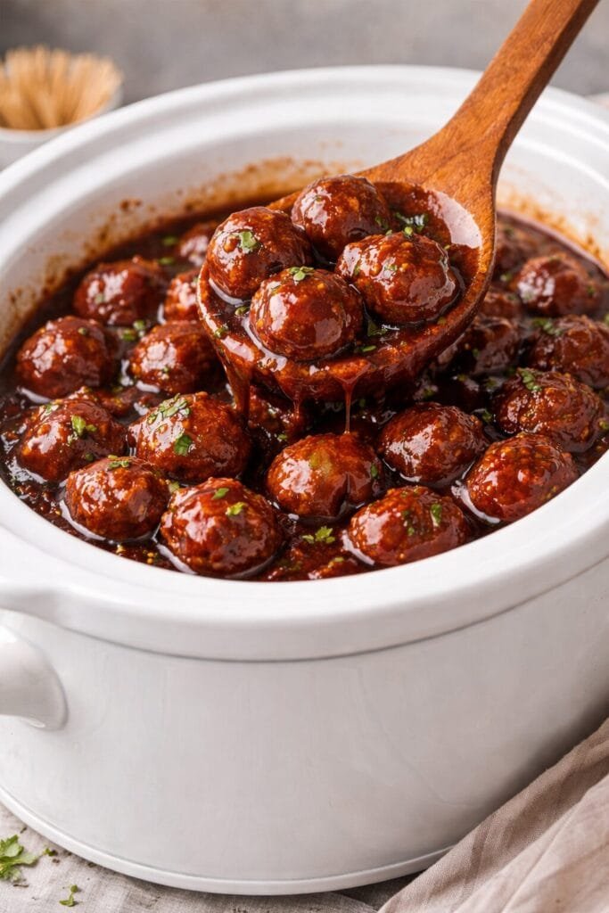 Crockpot grape jelly meatballs coated in a sweet and savory sauce in a slow cooker.