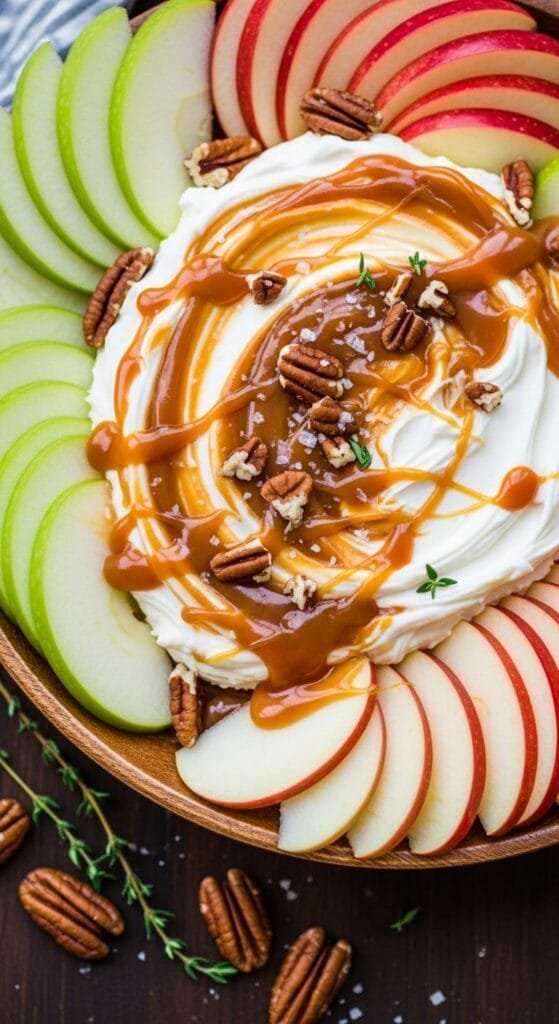 Bowl of cream cheese caramel apple dip topped with caramel drizzle and chopped nuts
