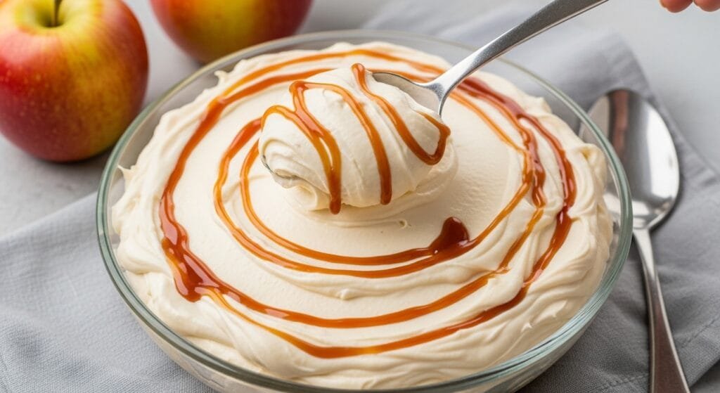 Smooth caramel apple dip with cream cheese texture in serving bowl