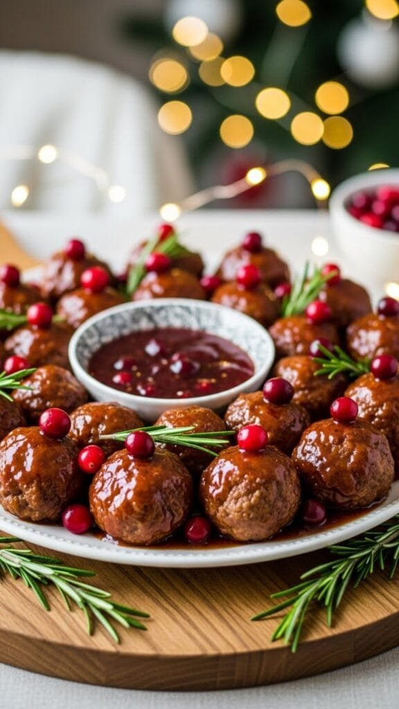 Easy Christmas meatballs in a sweet and savory sauce served warm on a holiday platter