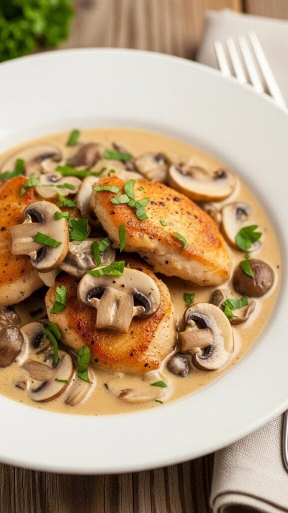 Creamy mushroom chicken cooked in a skillet with garlic, spinach, and Parmesan cheese