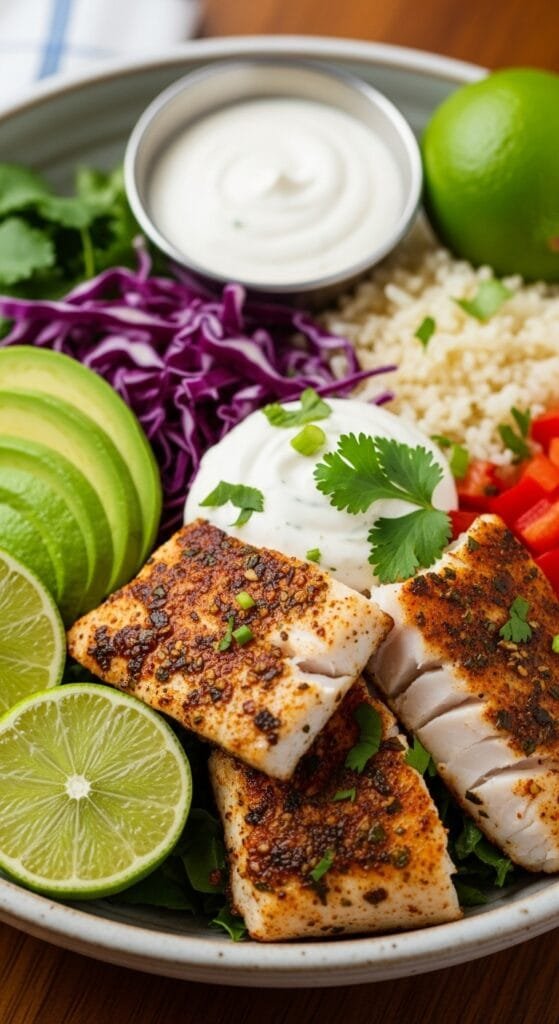 Finished blackened fish taco bowl ready to serve with lime wedges and sauce