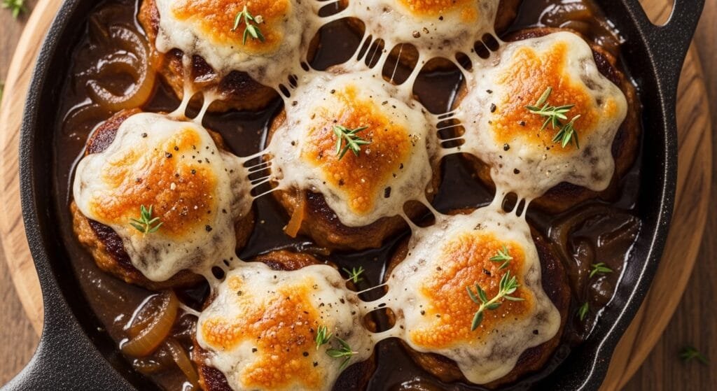 Close up of baked French onion meatballs with gravy and melted Gruyère cheese